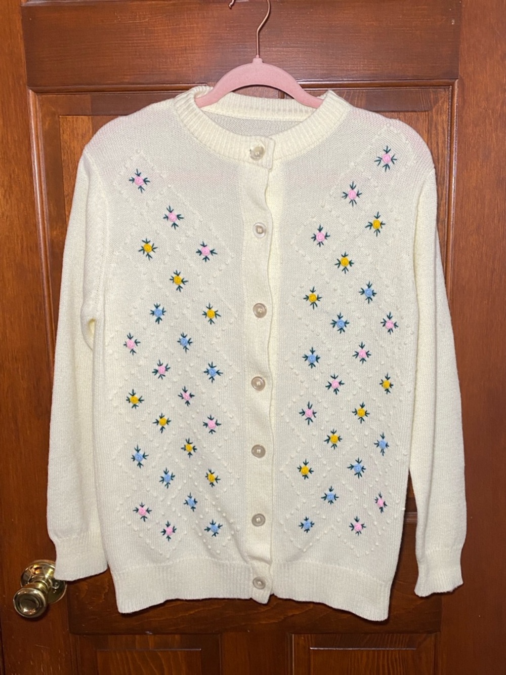Cream Embroidered Floral Button-Up Women's Sweater Cardigan